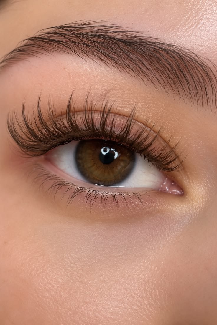 Close-up of lash extensions and a shaped, laminated brow